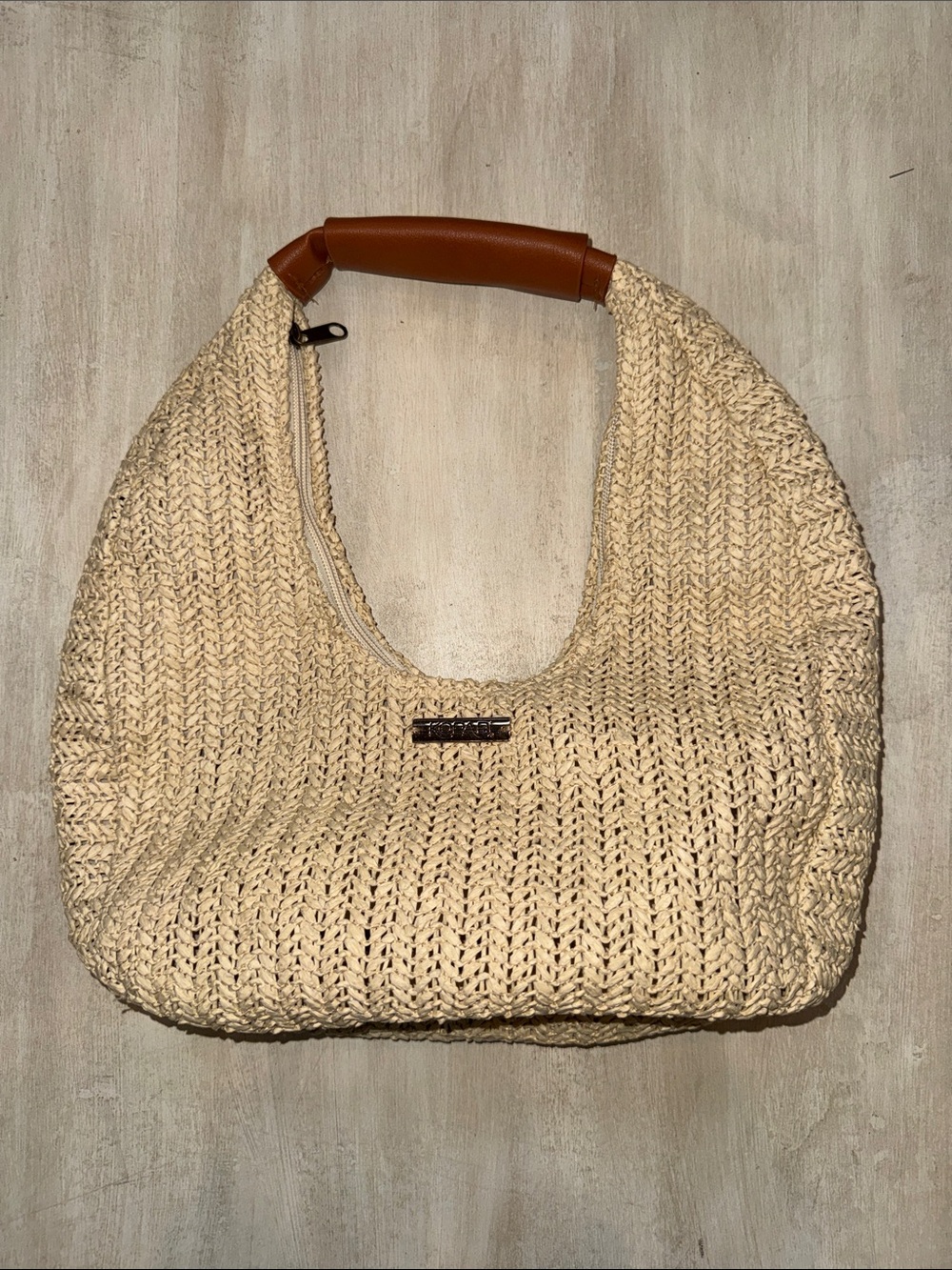 Kopari Cream Woven Shoulder Bag with Tan Handle brand new never used